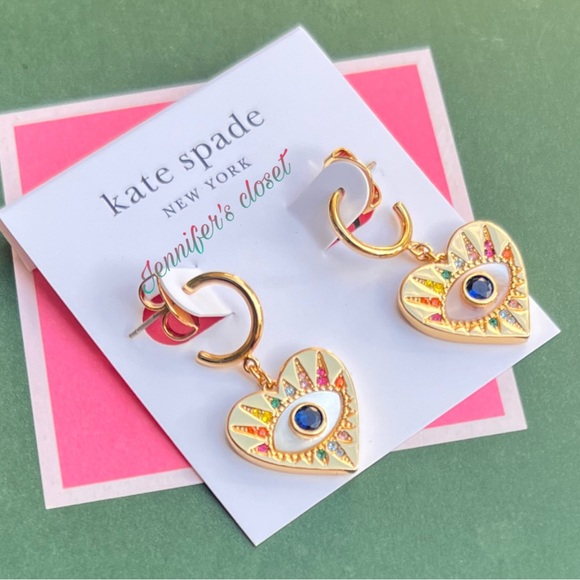 KATE SPADE Mother Of Pearl & Stone Evil Eye Drop Huggie Hoop Earrings - Picture 3 of 7